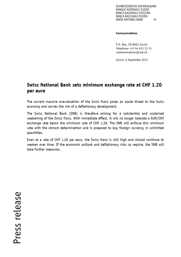 Official SNB press release on EURCHF floor at 120