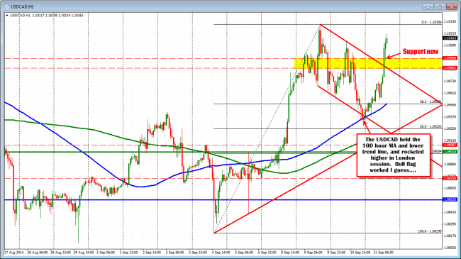 USDCAD rockets higher off 100 hour MA and bull flag trend line.