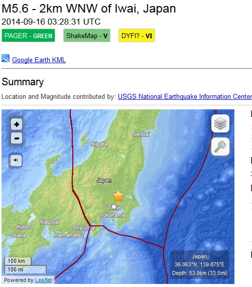 Japan earthquake 16 September 2014 USGS