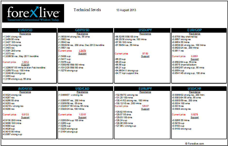 Technical analysis levels 13 August 2013