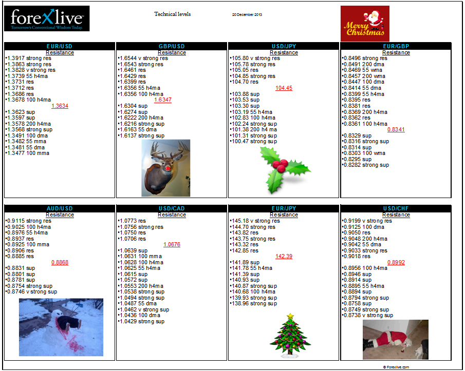 Forex FX technical analysis support resistance levels 20 December 2013