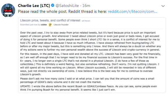 Charlie lee twitter sell litecoin inga bro irecommend