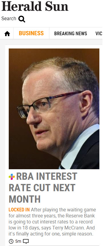 Terry McCrann of Australia's Herald Sun says the RBA will cut after weaker employment  report disappoints