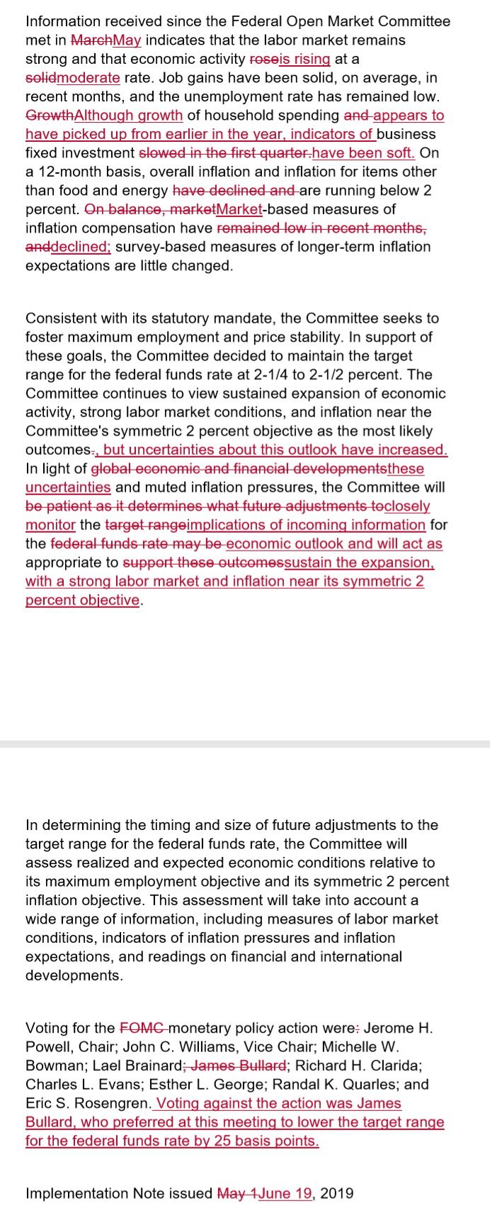 The Federal Reserve statement released June 19, 2019: