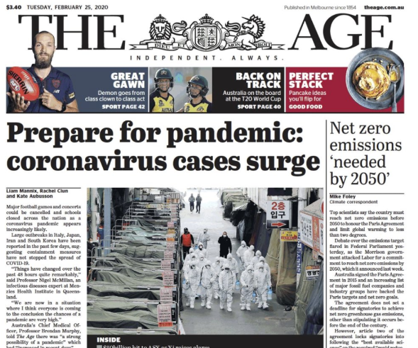 Australian Newspaper Front Page Today Under The Footy Is The Coronavirus Pandemic