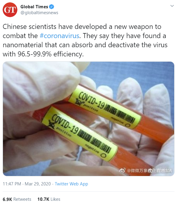 Over the weekend Chinese state media tweeted out an encouraging item on COVID-19. 