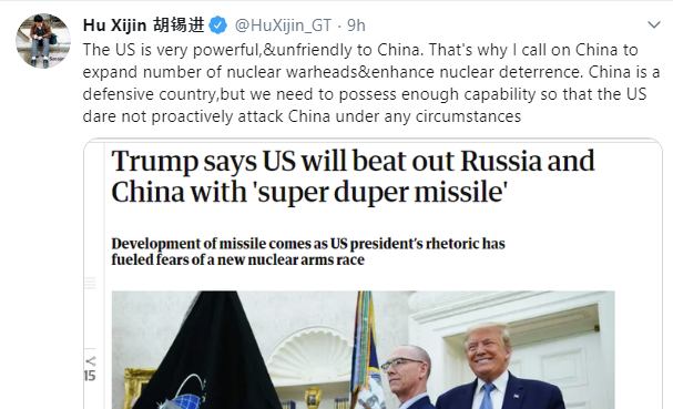 Says that the US is very powerful, & unfriendly to China and therefore calls on China to expand its number of nuclear warheads & enhance nuclear deterrence