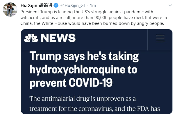 Editor-in-chief of the Global Times in response to US President Trump claiming he is taking the anti-malaria drug against the coronavirus 