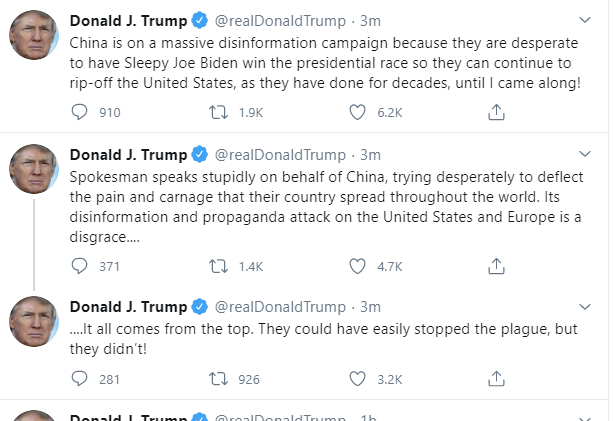 US President Trump is cranking out the anti-China tweets.