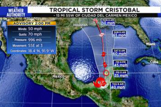 Tropical Storm Cristobal is projected to move north through the Gulf of Mexico toward the US Gulf Coast by Sunday