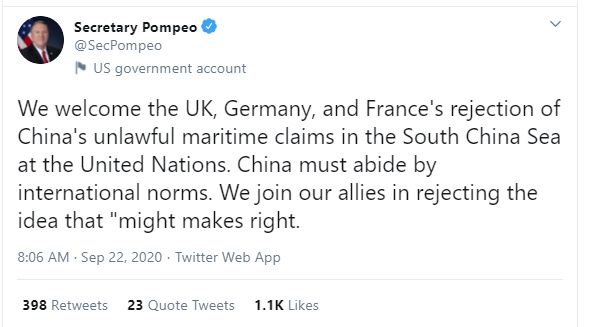 US Secretary of State Pompeo tweeting: