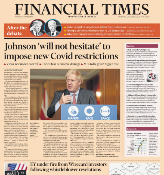 UK PM Johnson on the front page of the Financial Times 