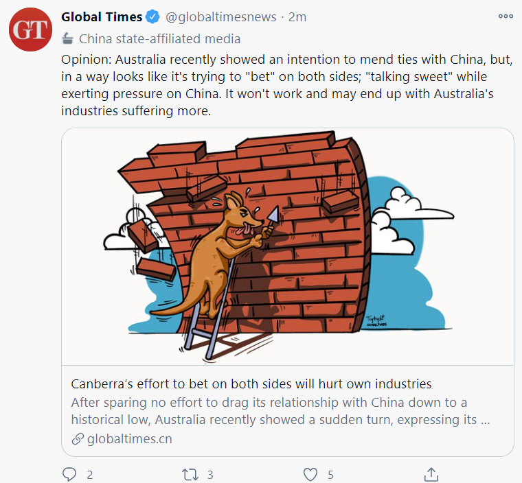 Chinese Global Times with further threats against Australia. 
