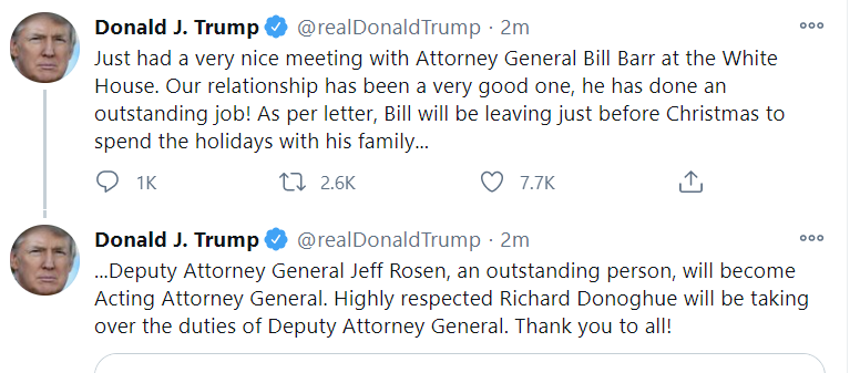 Trump tweets his AG is departing prior to Christmas 