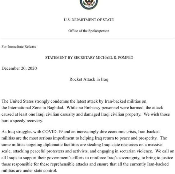 The US embassy in Baghdad's Green Zone was targeted by 3 rockets in an  attack on Sunday.