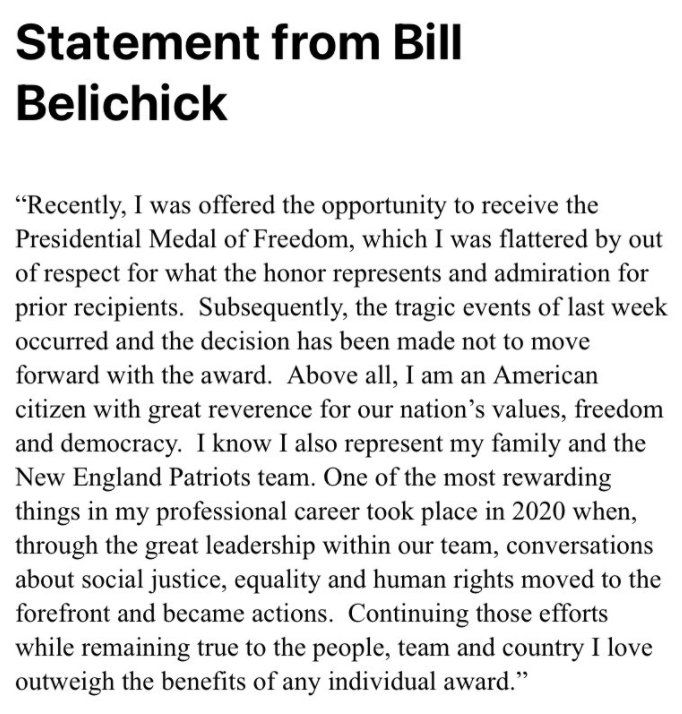 Belichick has made the decision not to accept the award Trump had offered. 
