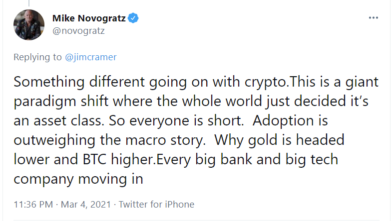 Mike Novogratz tweet during US time on BTC. He is a long-standing bull on the crypto and continues to be:  
