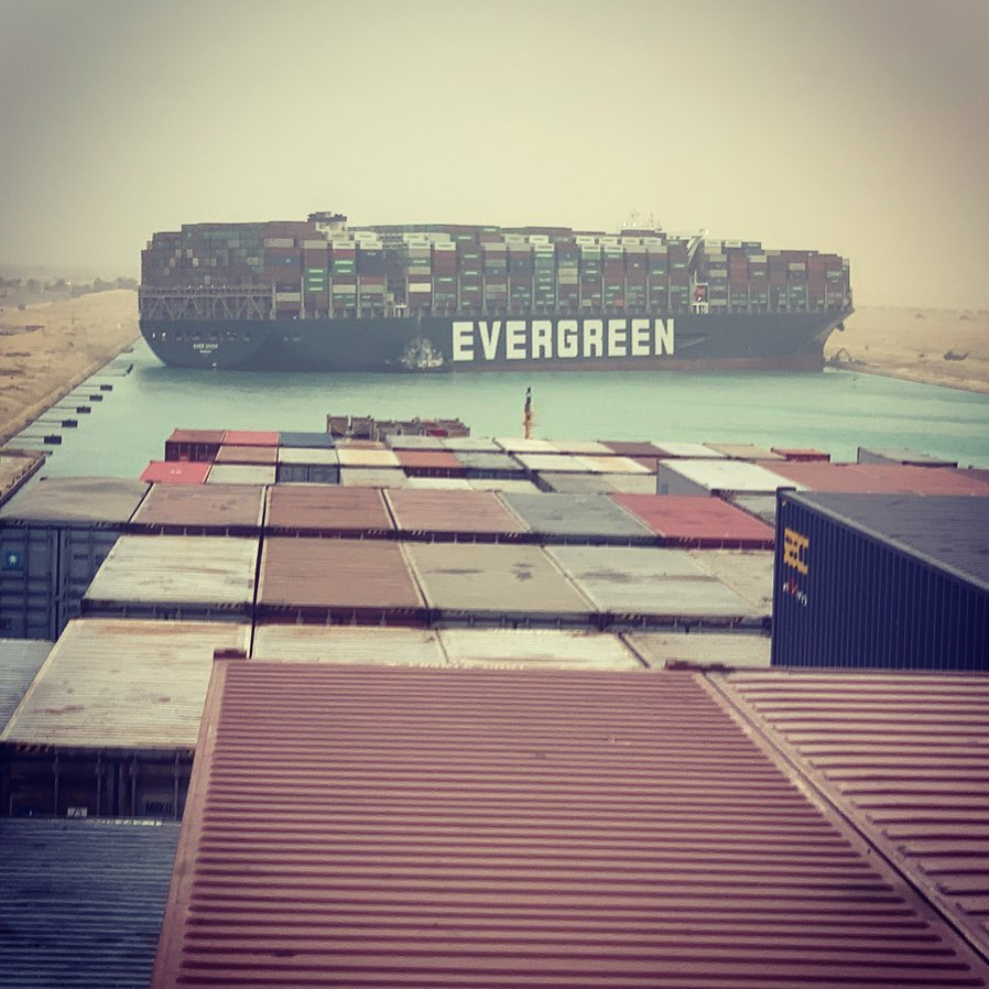 The Suez Canal has been blocked in both directions by a grounded container ship, MV Ever Given (operated by Evergreen Marine)