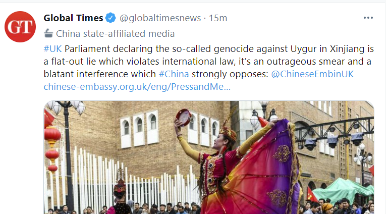 Here is the tweet from the GT, referring to UK comments on Uygur genocide: 