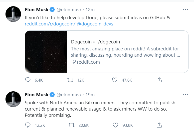 Elon Musk (Tesla CEO) with a couple of tweets sending BTC et al higher: