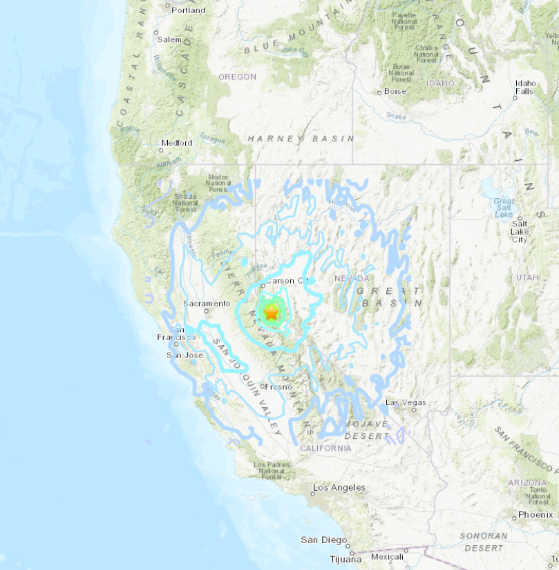 EMSC report a M5.4 quake in Nevada, USGS say California. The map (see below) has it close to the border but in Cali