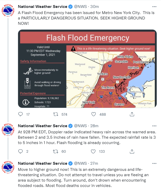 National Weather Services has issued a flash flood emergency warning for NYC. 