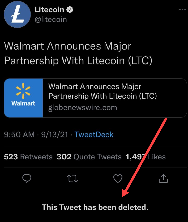 Says Litecoin tweeted about Walmart deal 'in error'
