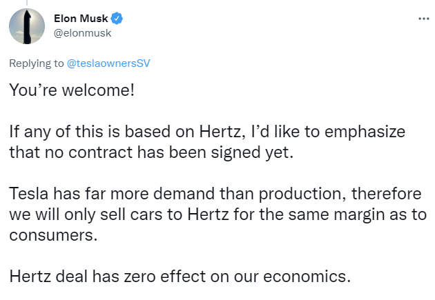 Musk on Tesla and Hertz, reply tweting:
