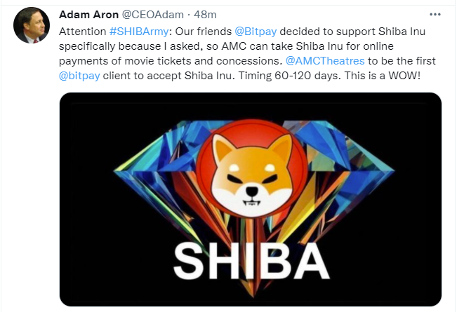 AMC Entertainment will accept the Shiba Inu (SHIB) digital currency for payments in 60-120 days according to the firm's, CEO Adam Aron