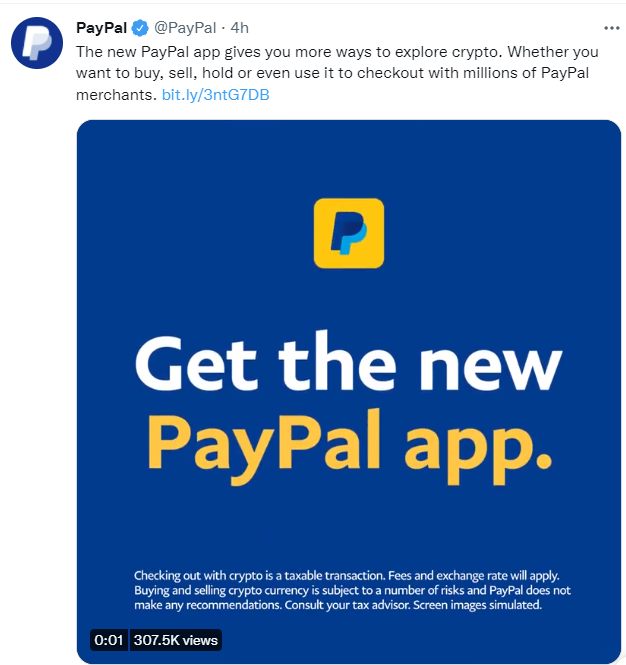 Tweet from PayPal expanding access to Bitcoin and other crypto: